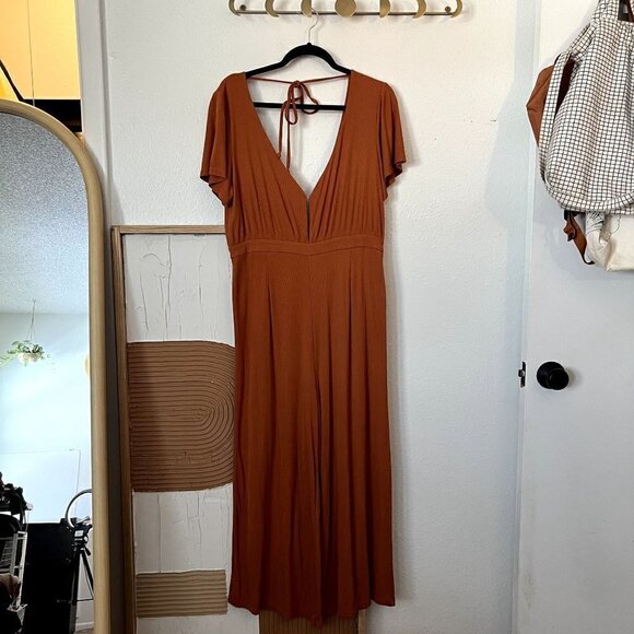 Allison + UO Orange Allison Wide Leg Ribbed Deep Plunge Backless Jumpsuit - Picture 3 of 11